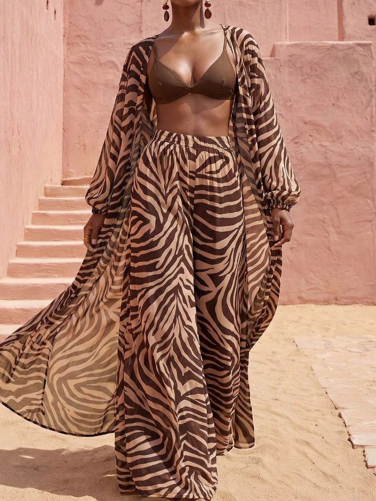 Brown Zebra Print Women's Lantern Sleeve Kimono Cover Up & Wide Leg Pants Set